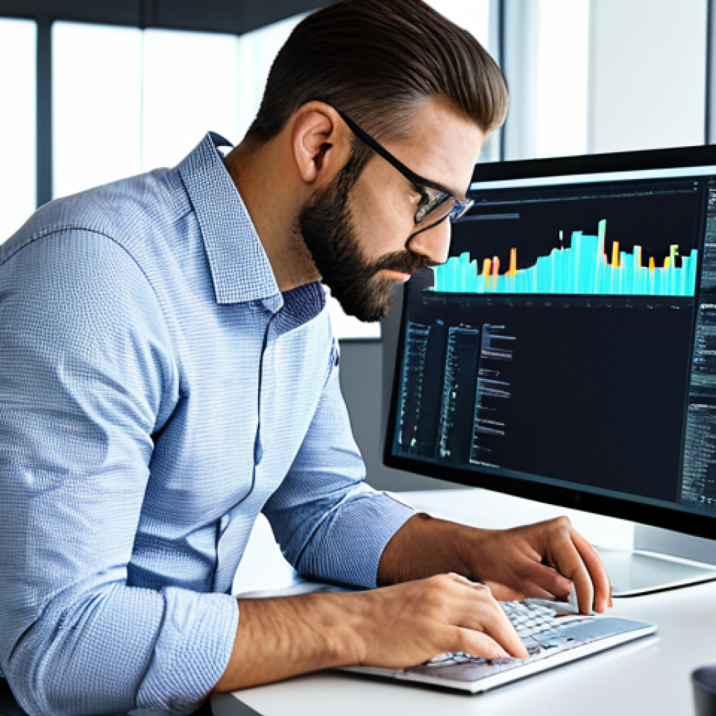 "A professional data scientist, fully clothed in business casual attire, working on a computer in a modern office, analyzing data visualizations, appropriate content, safe for work, perfect anatomy, natural proportions, professional"