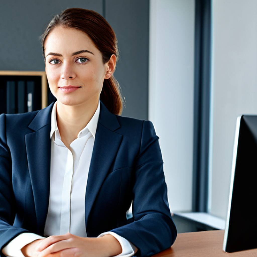 **Prompt:** A professional businesswoman in a modest business suit, sitting at a desk in a modern office, fully clothed, appropriate attire, safe for work, perfect anatomy, natural proportions, professional photography, high quality.
