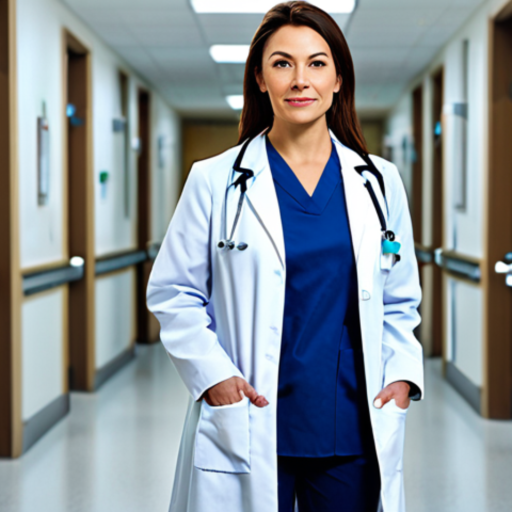 전이 학습의 적용 영역 확대 가능성 - A professional female doctor in a fully clothed lab coat, standing in a modern hospital hallway, app...