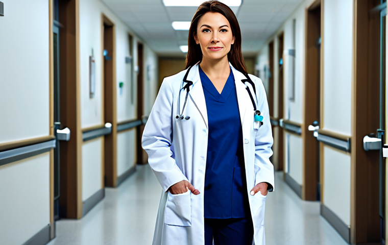 전이 학습의 적용 영역 확대 가능성 - A professional female doctor in a fully clothed lab coat, standing in a modern hospital hallway, app...